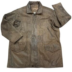 Men’s Vintage The Leather Ranch Brown Patterned 4 Pocket  Snap Zip Close Coat L